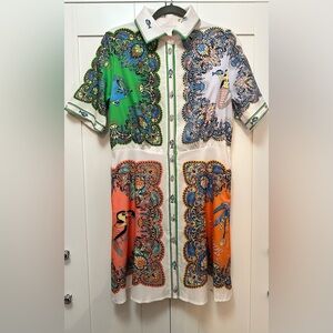 Colorful Button Front Shirt Dress Short Sleeves Sea Creature Print Sz LG New!